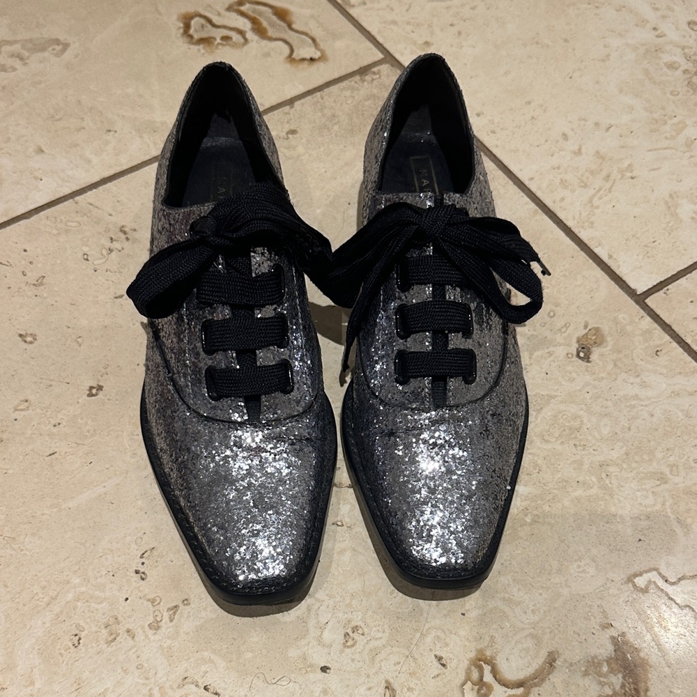 Marc Jacobs Silver Glitter Loafers with Black Laces